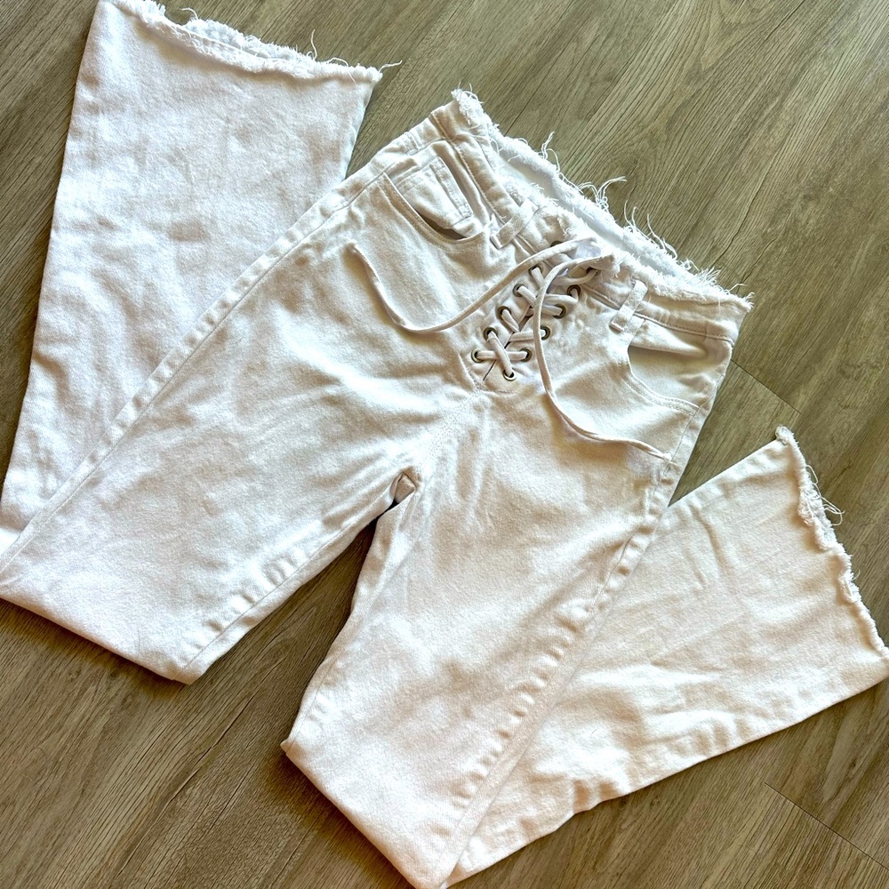 White tie up flare jeans